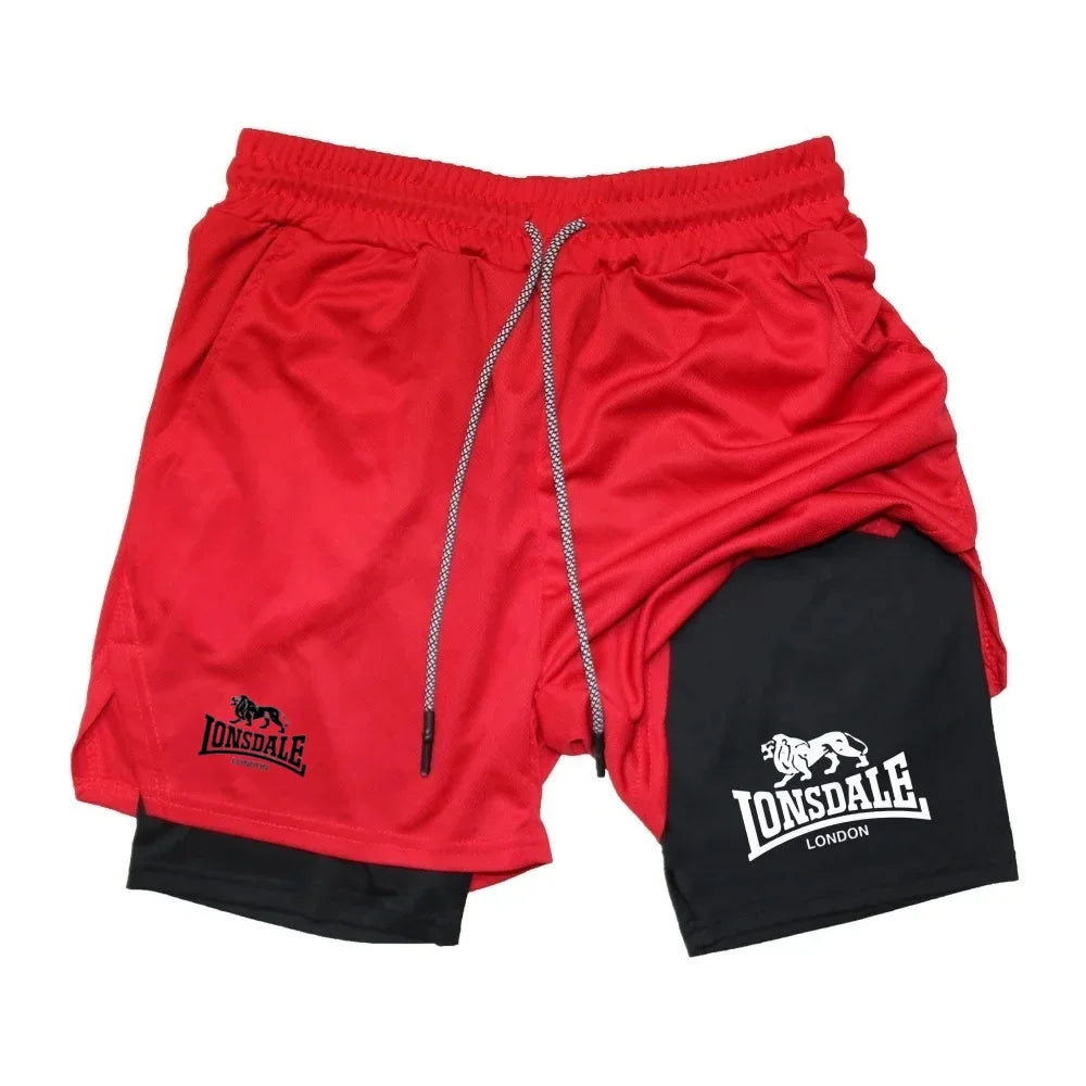 Print 2in1 Running Shorts for Men Gym Workout Compression Shorts with Phone Pocket Towel Loop Summer Sport Athletic Activewear