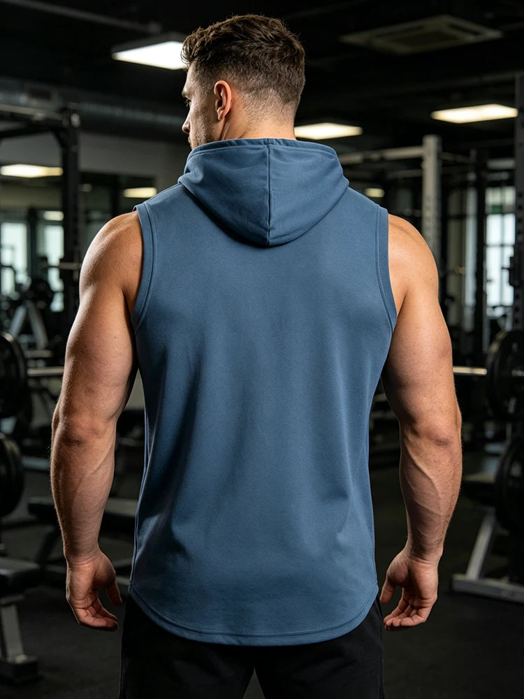 Summer Men‘s Workout Tee Running Training Hooded Sleeveless Gym Fitness Top Fashionable Loose Quick Drying Sports Tank Top