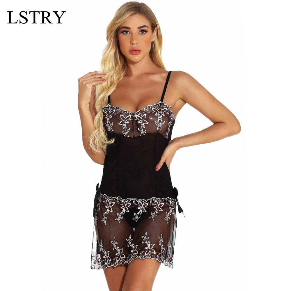 Women Lace Sheer Nightgown Set