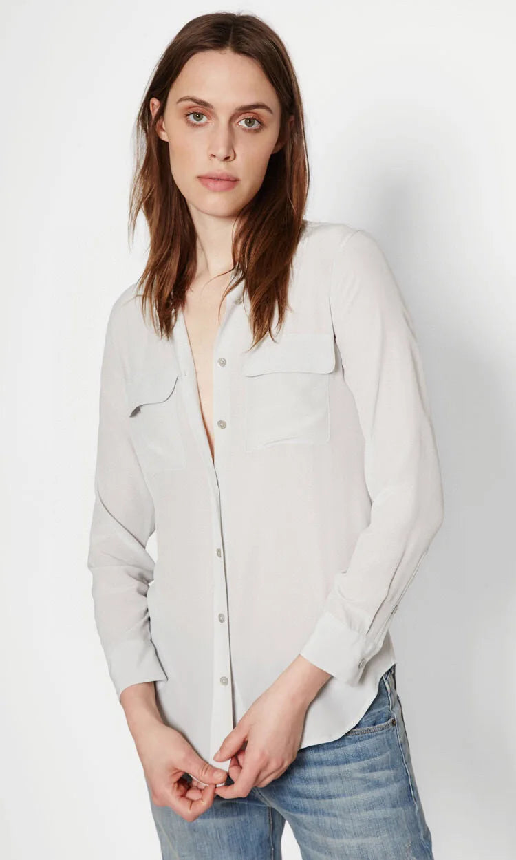 Women Real Silk Shirts Classic Double Pockets Solid Color Casual Fashion Long Sleeve Thin Shirt Blouses Tees