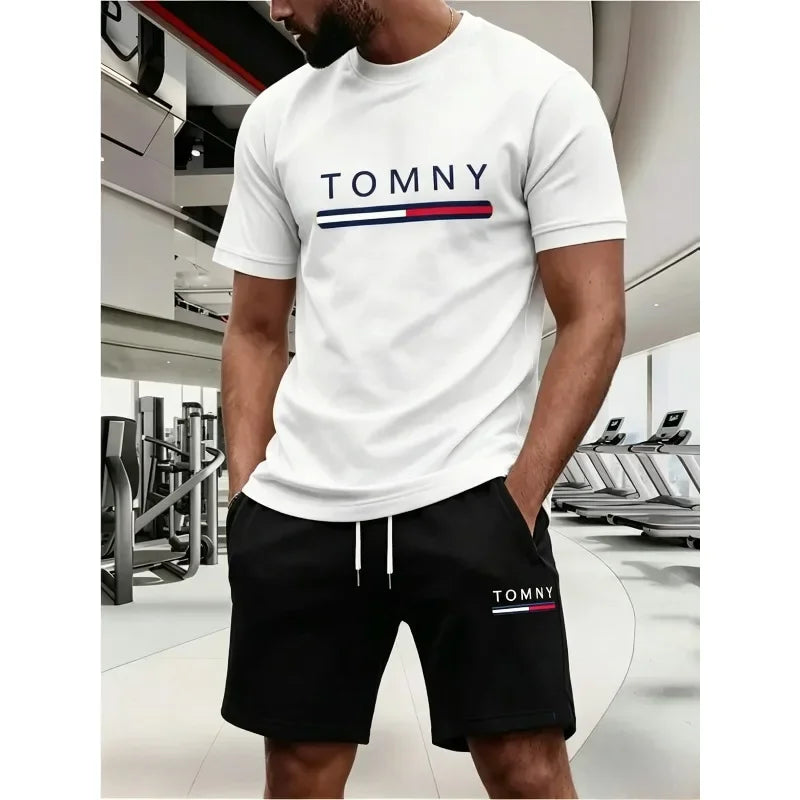 men's sports suit summer fashion street short sleeved sports suit trendyprinted pattern embellishmentThree colors to choose from