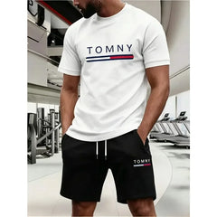 men's sports suit summer fashion street short sleeved sports suit trendyprinted pattern embellishmentThree colors to choose from