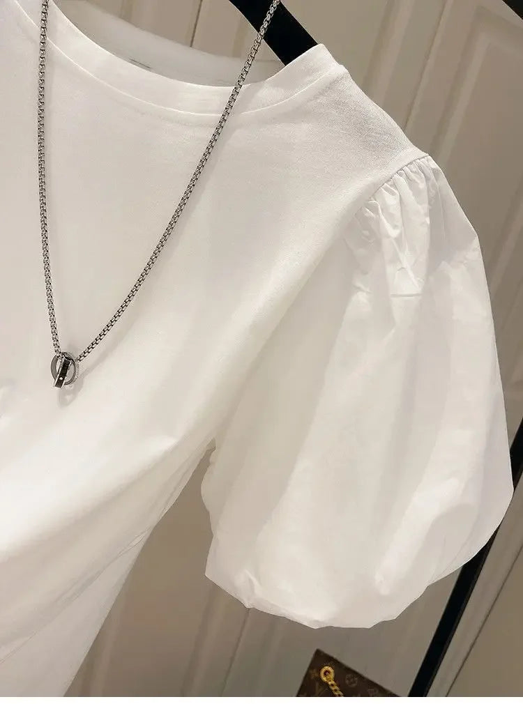Mujer Cotton Tshirts for Women Summer T-shirts Puff Sleeve O-neck Tees Oversized Tops Fashion Sweet White Tees