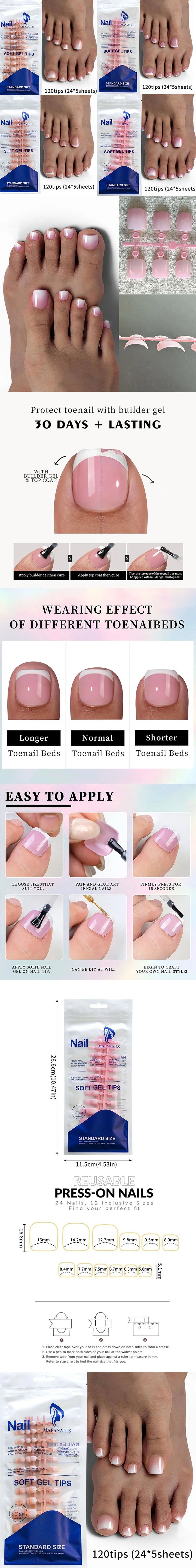 New 120Pes False Nails on Legs French Short Sguare Press on Toe Nails Foot False Nails Feet for Women JZJCDJ01