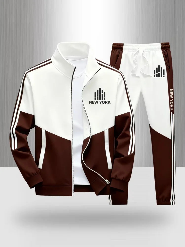 Tracksuit Men's New York Print 2 Piece Set Sportswear Color Block Zip Up Jacket and Jogger Pants Casual Striped Athletic Outfit