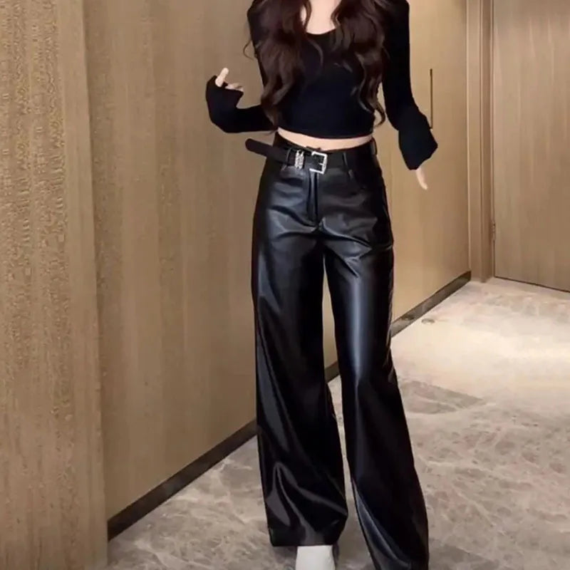 Black PU Leather Flare Pants