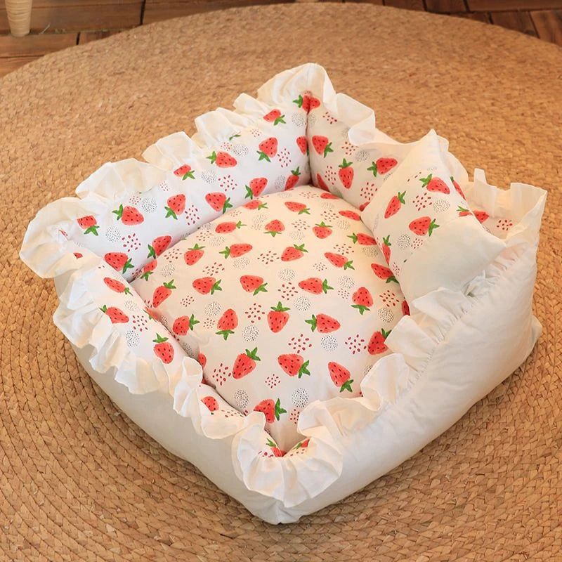 Pet Dog Lace Bed Cat Bed Cute Puppy Square Sleeping Cushion Bed Cat Sofa Warming Dog Nest with Pillow Washable Pet Bed S~L