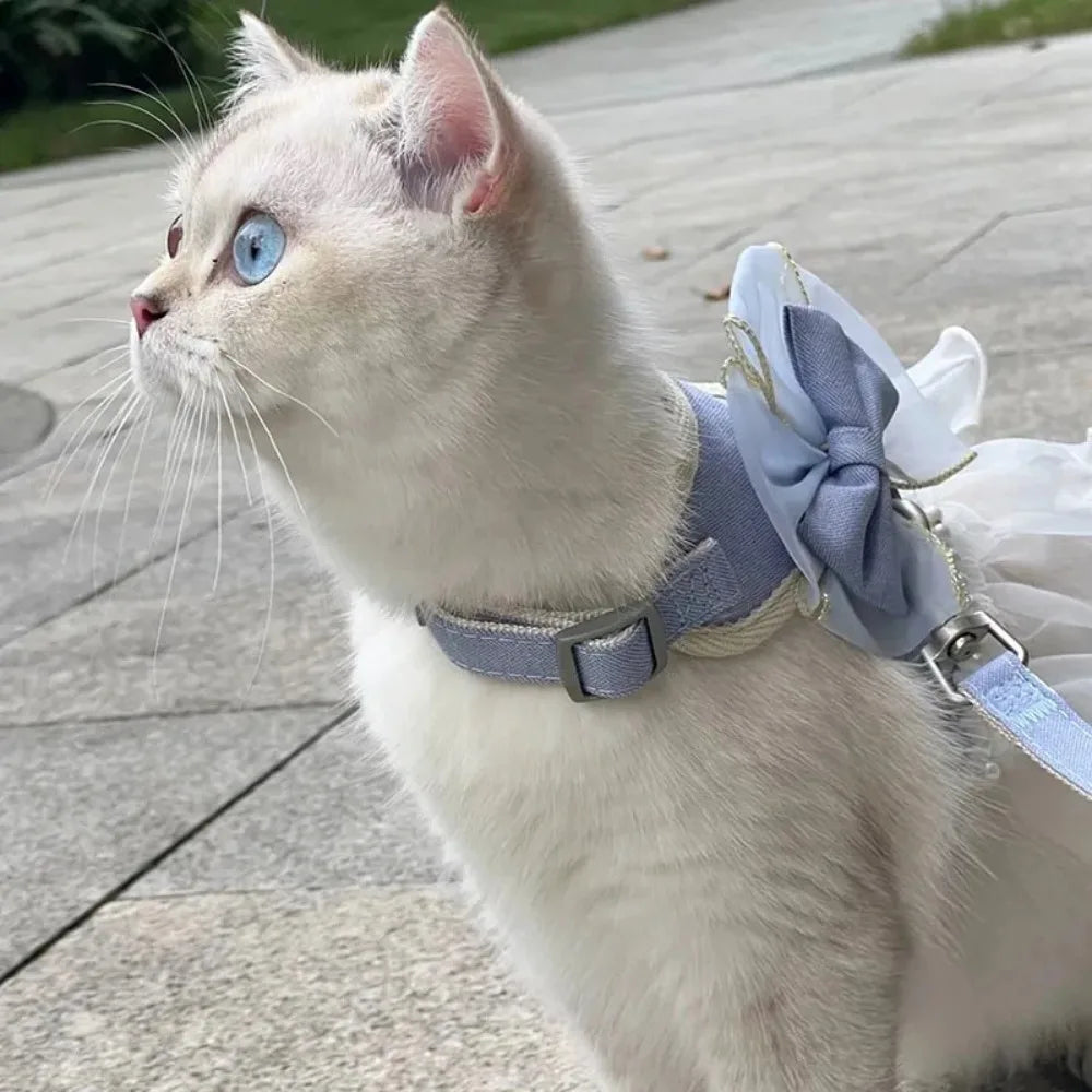 Pet Accessories Princess Style Cat Harness Leash Adjustable Nylon Cat Vest Breathable with Bowknot Pet Chest Strap For Cats Dogs