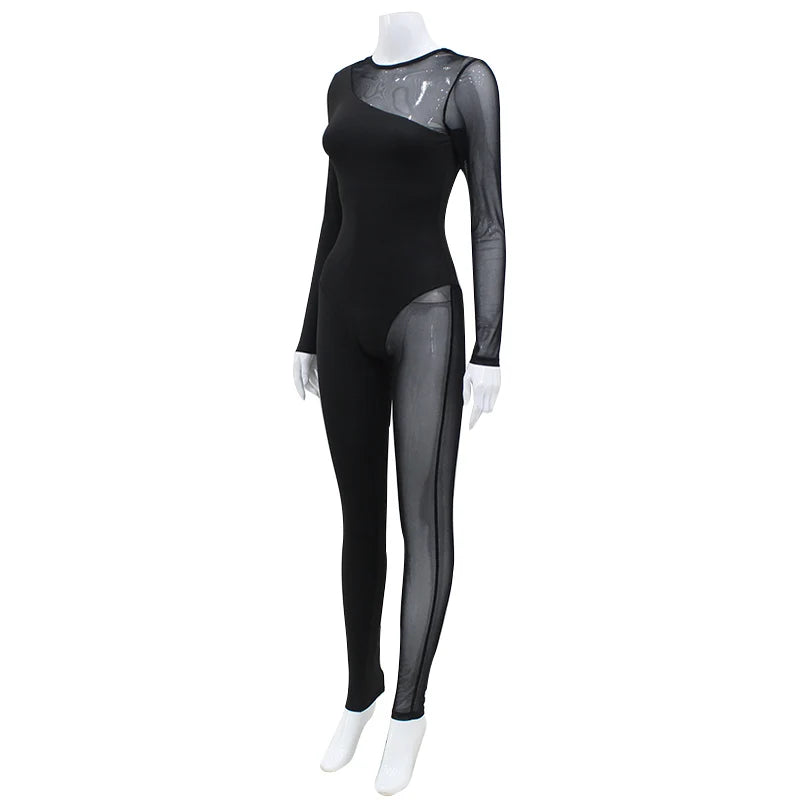 Hipster Tight Jumpsuit Woman Midnight Overalls Streetwear O-Neck Long Sleeve Zipper Sexy See Through Mesh Rompers Women Jumpsuit
