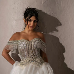 White Wedding Dresses Off Shoulder Beaded Tassel Corset Bridal Luxury Evening Dresses with Ruffles Formal Elegant Party Dresses