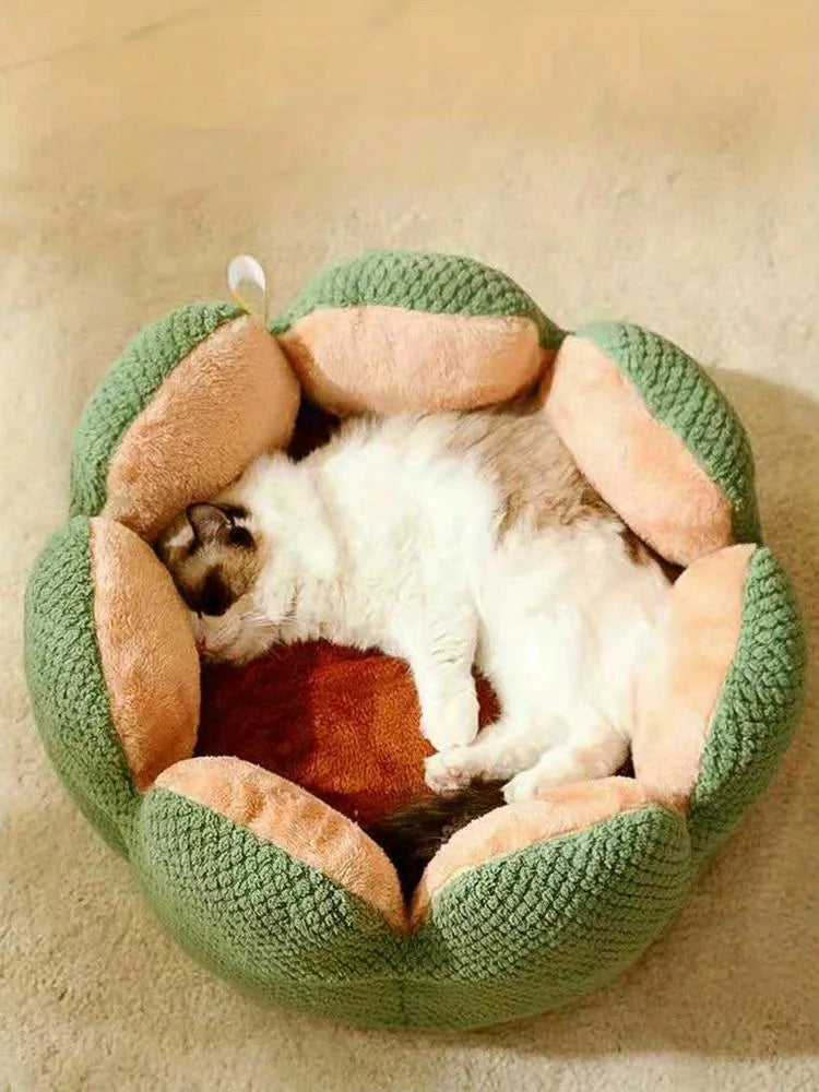 Petal Shaped Pet Bed, Plush Round Dog & Cat Cushion Mat with Knitted Texture, Ultra Soft Warm Nest for Kittens Puppies in Winter