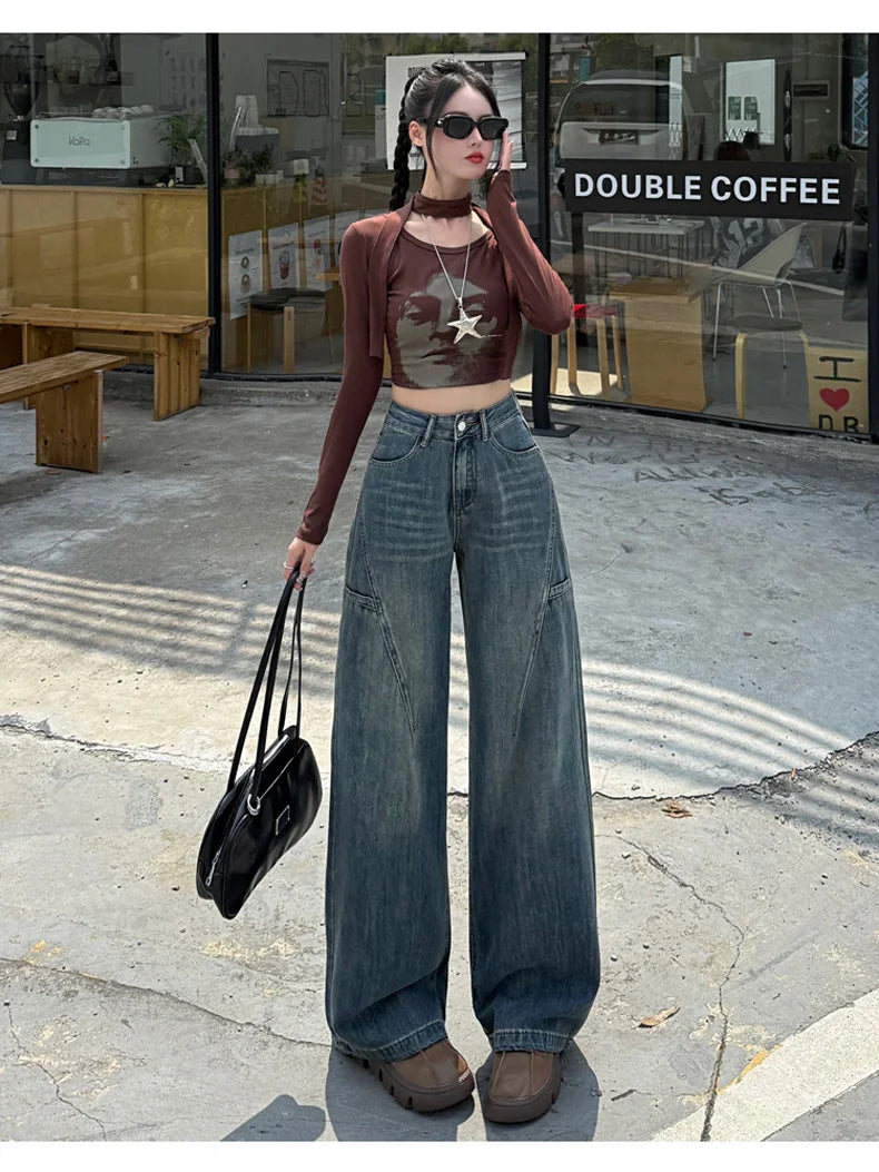 High Waisted Wide Leg Jeans Women Cotton Retro Denim Y2k Loose Fashion Design Sense Pant Streetwear Baggy Straight Trouser Woman
