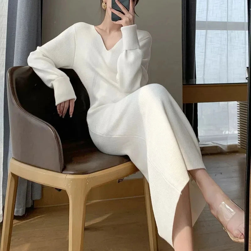 French Knit V-Neck Midi Dress