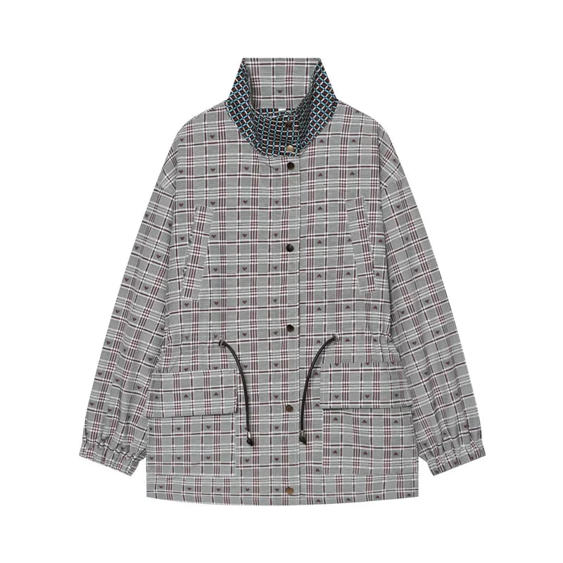 Women's Coat 2026 New Autumn Gray Plaid Long Sleeve Loose Drawstring Decorative Coat Casual Fashion Personal Ladies Outerwear