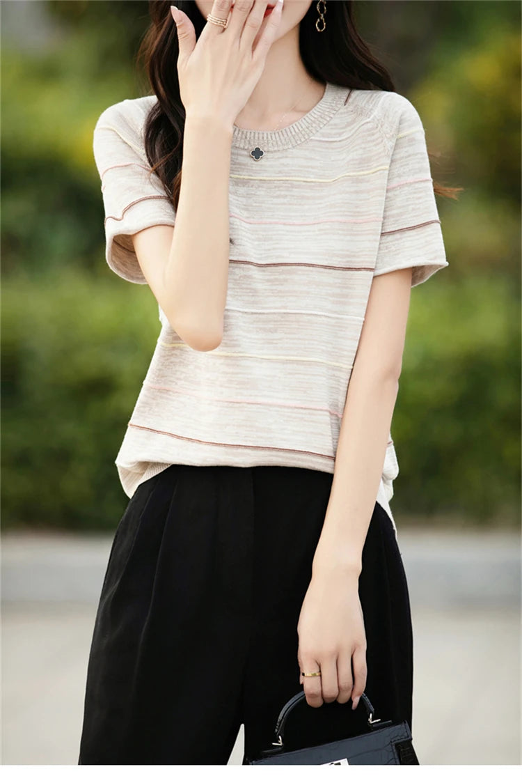 Women's T-shirts Summer New 100% Cotton Short Sleeve Casual Striped Knit Blouse Round Neck Tops Loose Pullover Tees