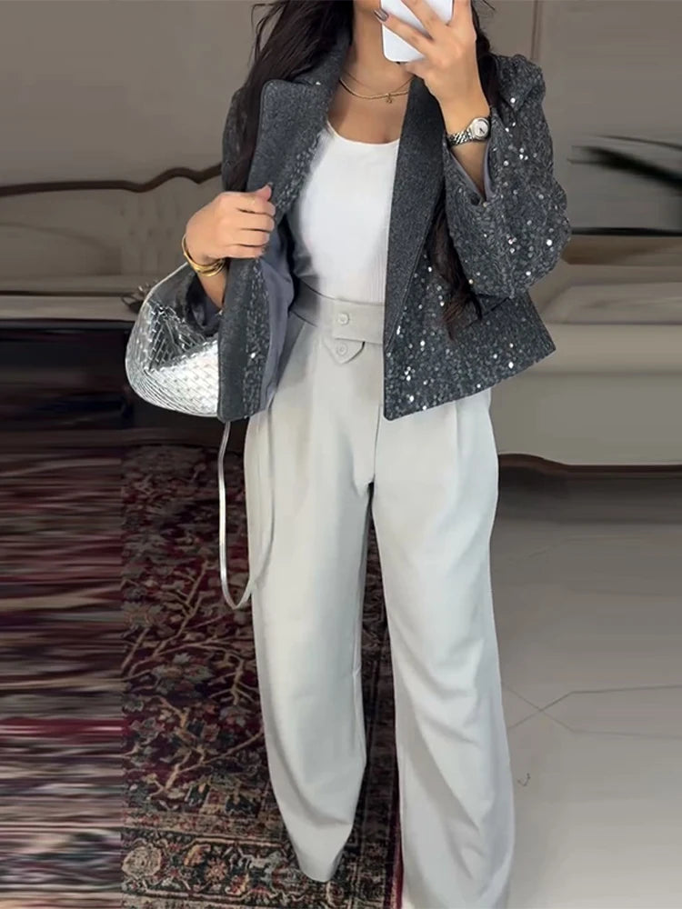Elegant Cropped Sequin Blazer Jacket