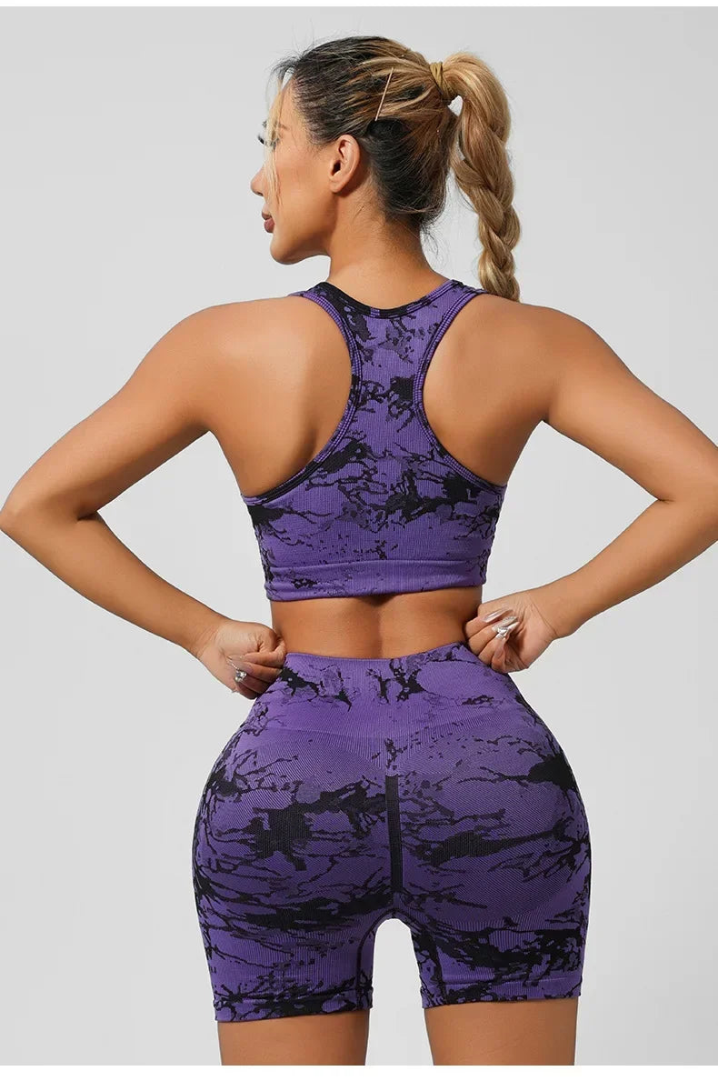 Women Seamless Tie Dye Yoga Set Quick Dry Sports Bra Shorts Lightweight Breathable Workout Outfit