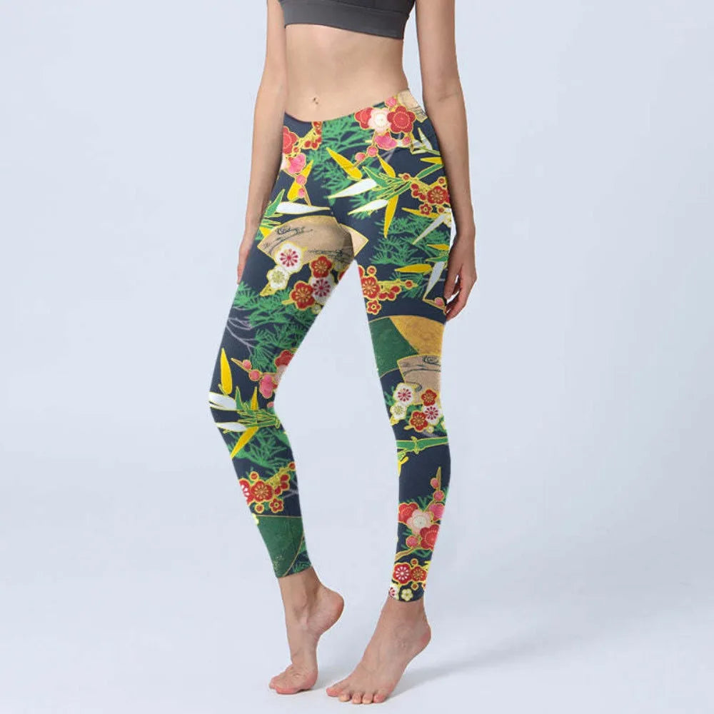 High Waist Yoga Leggings Japanese Style Cherry Blossom Botanical Print Soft Tights Women Fitness Gym Yoga Running Sports Wear