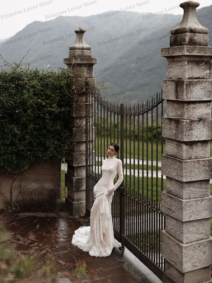 Elegant Mermaid Wedding Dresses Lace Long Sleeves Bridal Gown High Collar Exquisite Corset Party Dress robe de mariée Customized