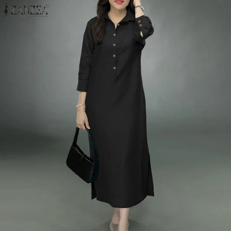 Elegant Lapel Solid Midi Dress