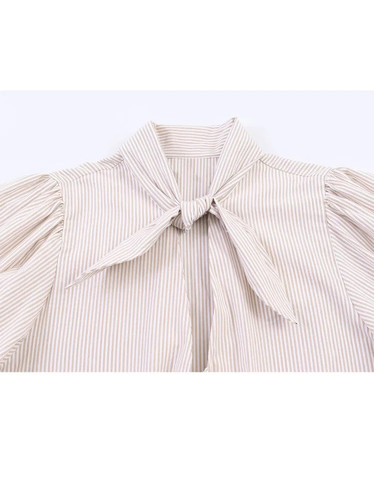 HH Women Elegant Striped Casual Spring Shirt Puff Sleeves Bow Decoration Blouse Female Loose Versatile Single-breasted Blouse