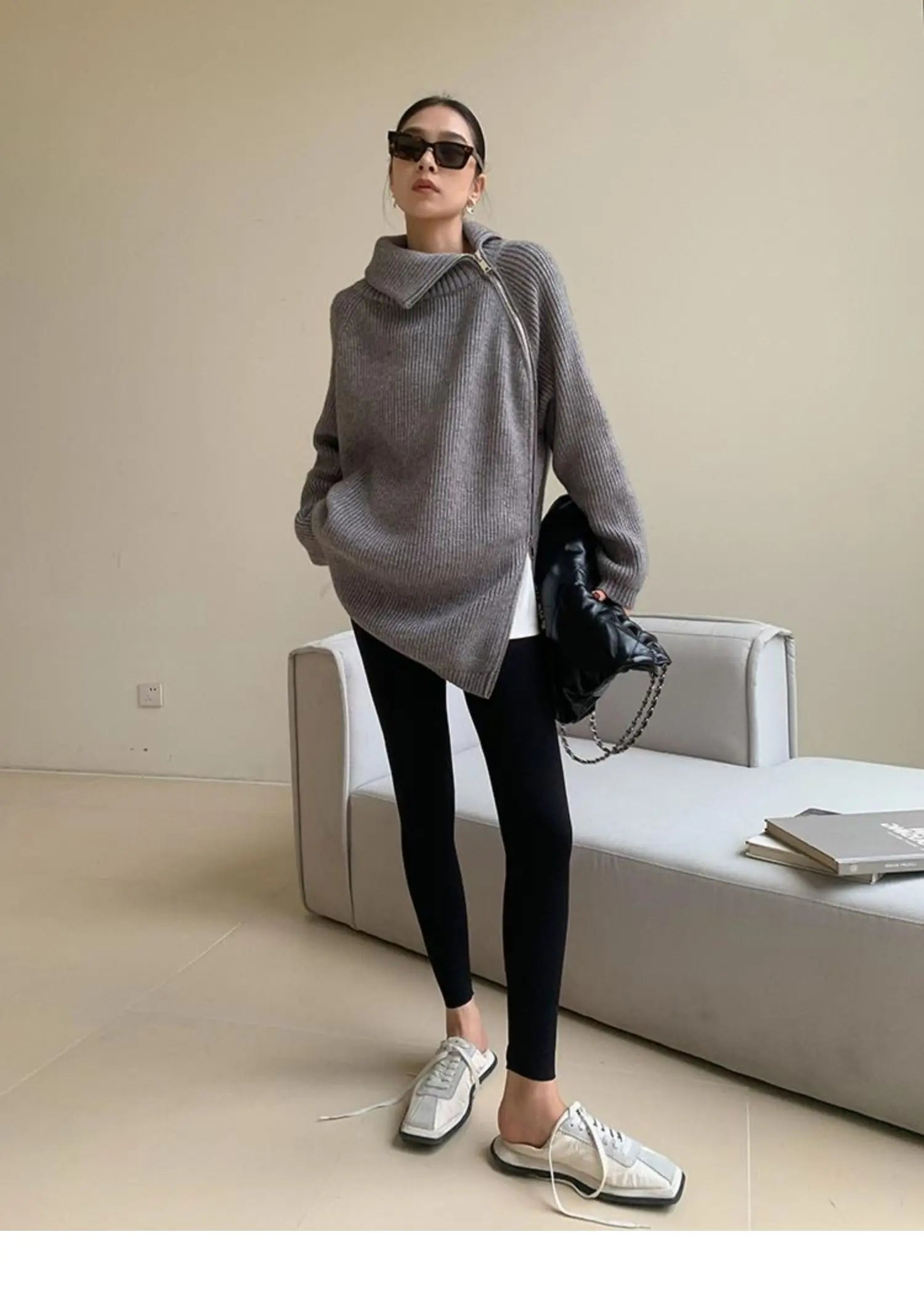 Oversized Zip Turtleneck Knit Sweater
