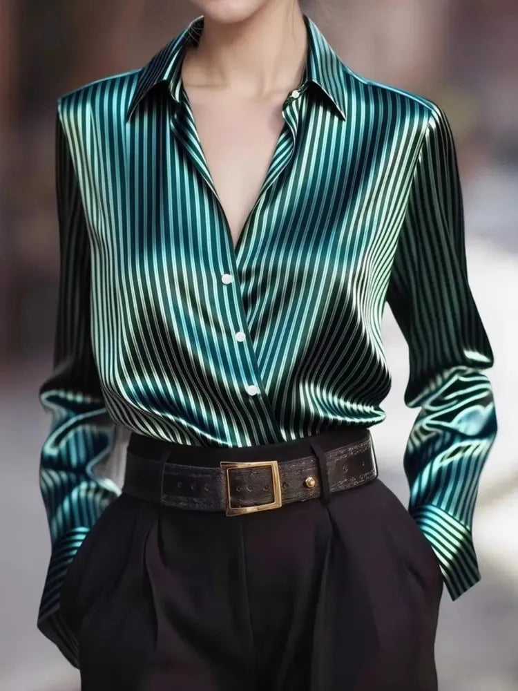 Lady Striped Shirt Fashion Long Sleeve Turn-down Collar Button Shirts Tops For Women Casual Office Holiday Spring Autumn Clothes