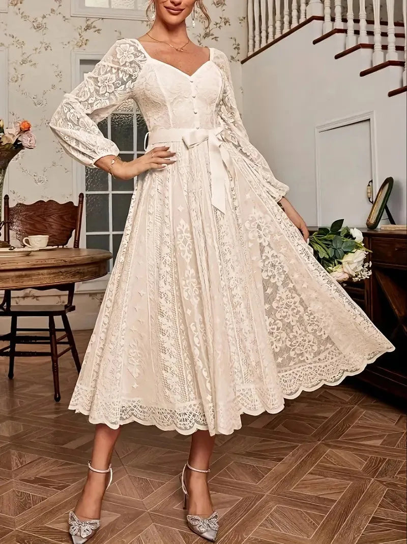 Elegant Party Dress For Woman Evening Prom Dresses Lace Long Gown V Neck Maxi Dress White Pink Floral Lace A Line Balloon Sleeve