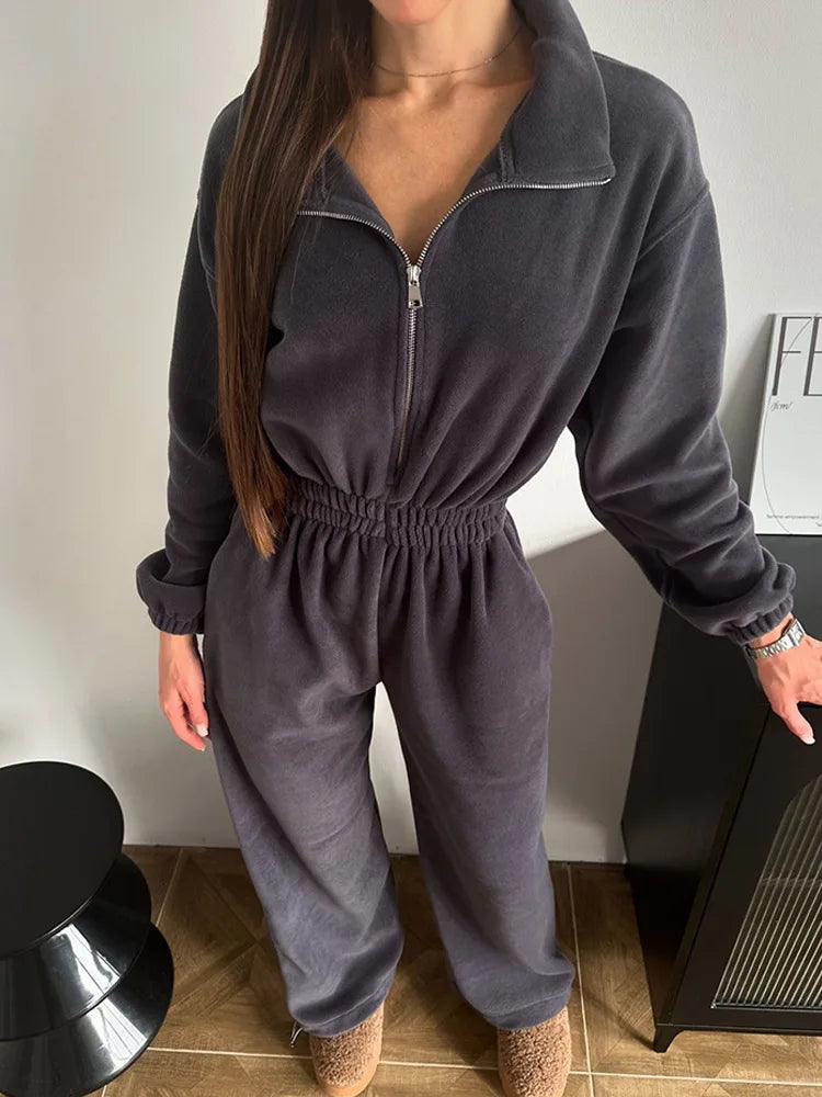 Jumpsuit Women 2026 New Fashionable Long Sleeved Jumpsuit for Women's Casual Half Open Collar Elastic Waist Jumpsuit
