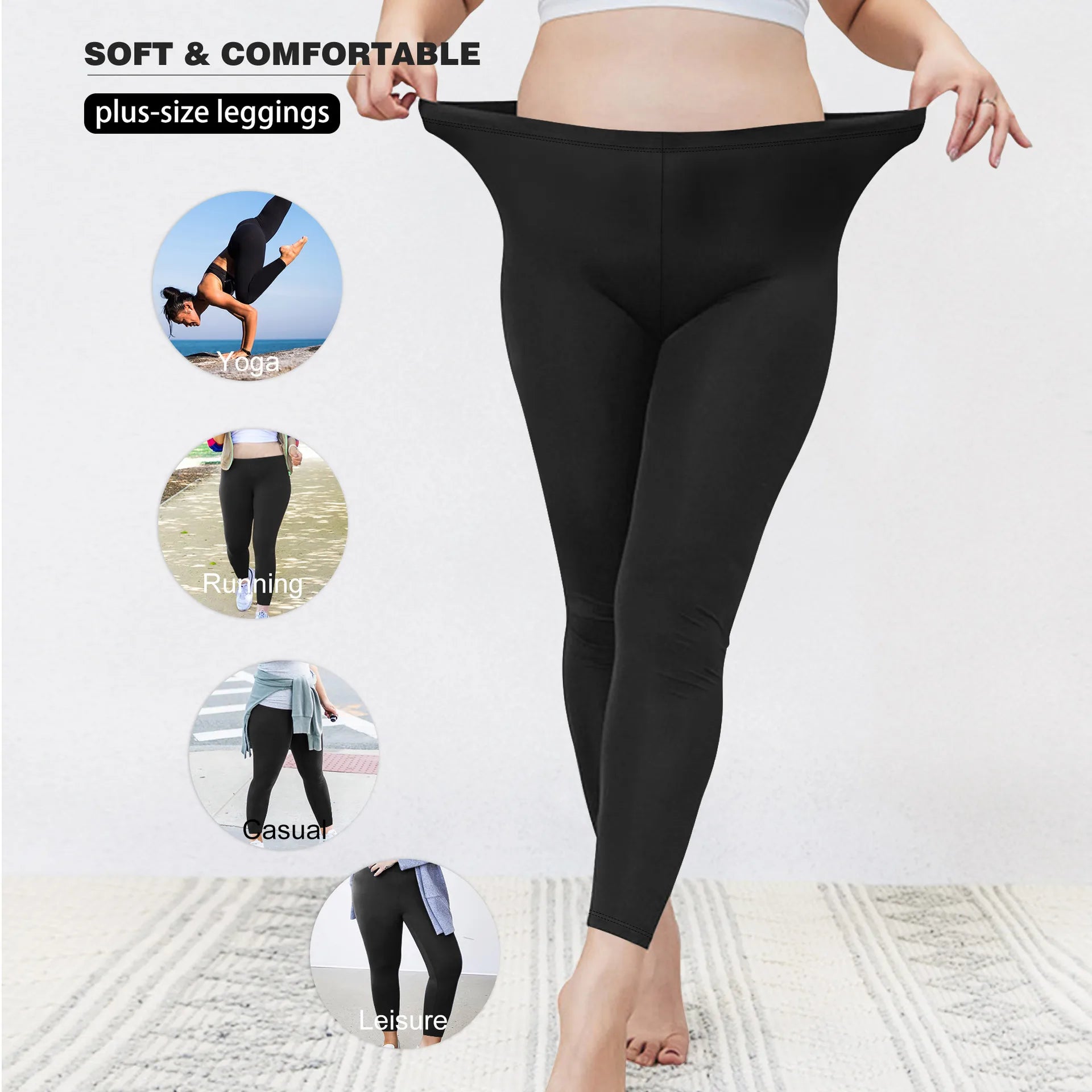 1XL-5XL Womens Leggings High Elastic Solid Color Nine Points Trousers Up To 300 Lbs