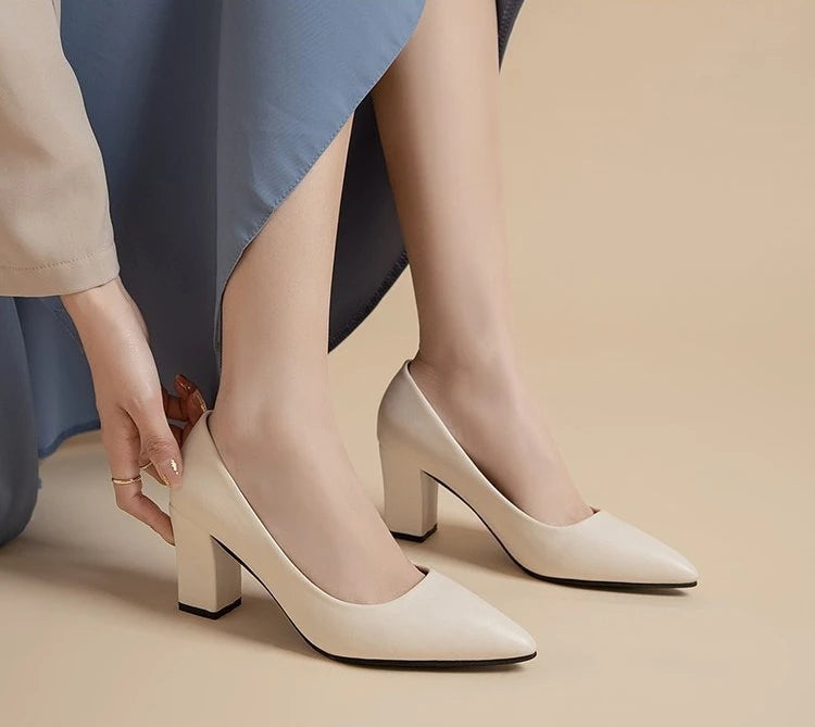 High Heels Women 2025 Summer New Pointed Shallow Mouth Work Shoes Thick Heel Fashion Versatile High Heels