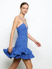 Women Fashion With Ruffled Cutwork Embroidery Mini Dress Vintage Backless Elastic Thin Straps Female Dresses Vestidos
