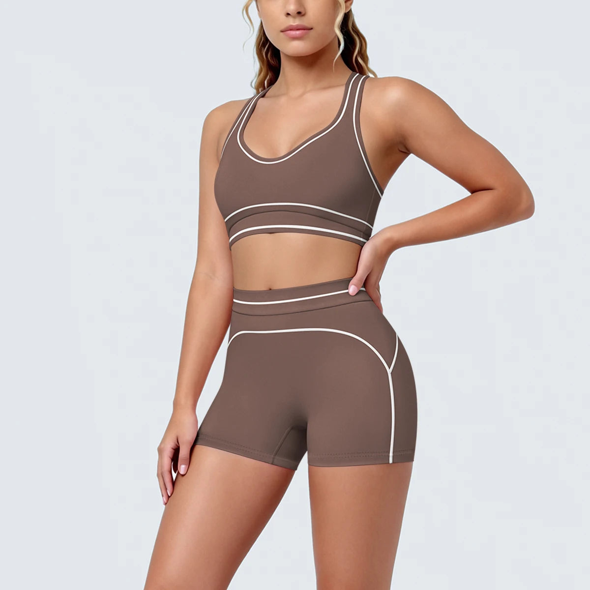New Woman Yoga Set Color Blocking Sexy Sport Bra Yoga Underwear with Chest Pad High Waist Stripe Running Fitness Shorts Yoga Set