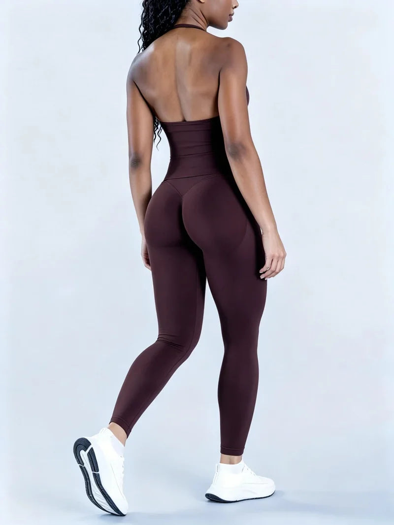 Women Yoga Set Seamless Sports Halter Neck Top Waist Trainer Leggings Suit Squat Proof Butt Lifting Workout Fitness Gym Clothing