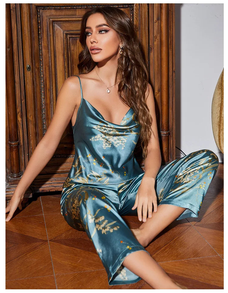 Cherry Satin Long Pajama Set