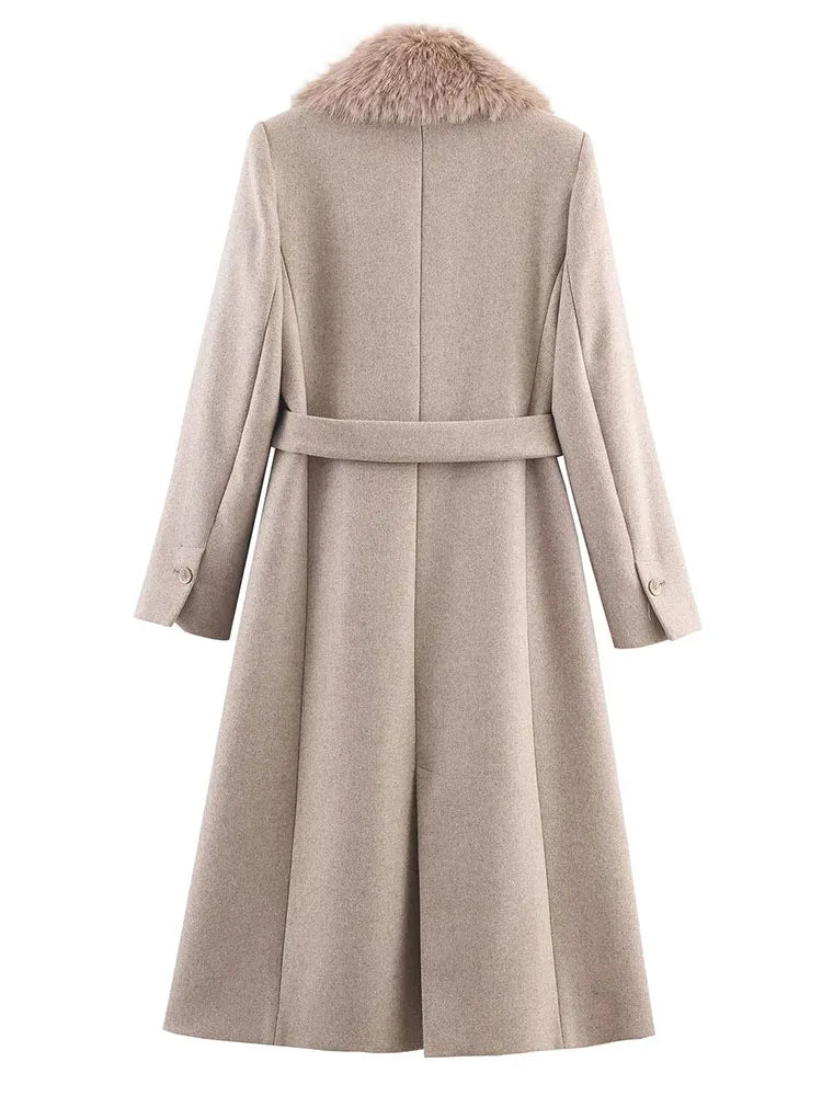 Elegant Belted Fur Collar Overcoat