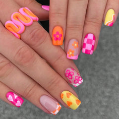 24PCS Short False Nails With Rose Leaf Design Pressed On The Nails, Glossy Glue, Black Full Coverage Acrylic False Nails