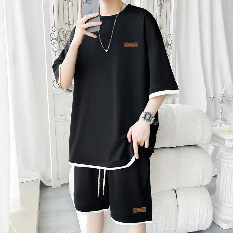 Men's Trendy 2-Piece Streetwear Co-ord Solid Color Short Sleeve T-Shirt And Drawstring Elastic Waist Shorts Set 5XL