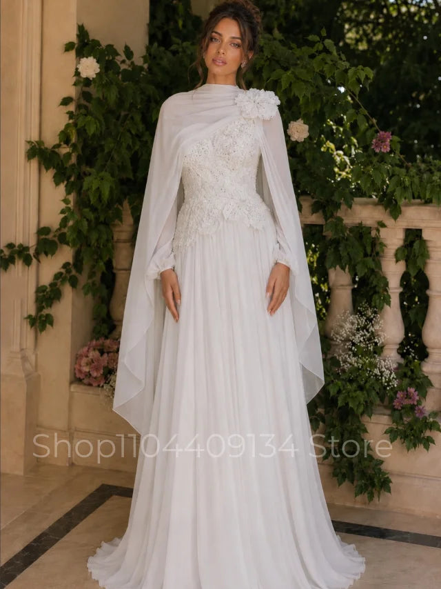 Elegant Floral Formal Evening Gown Muslim Kaftan Beaded Chiffon Long Sleeves Middle Eastern Henna Women’s Prom Dress Customized
