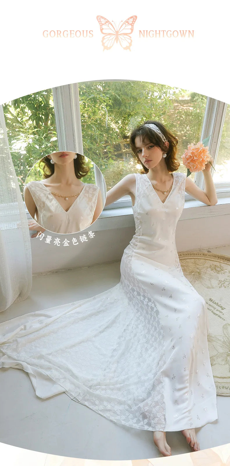 Women's Nightgown Luxury V Neck Sleeveless Night Dress Fashion Slim White Princess Long Dress Summer Ladies Sleepwear Vestido