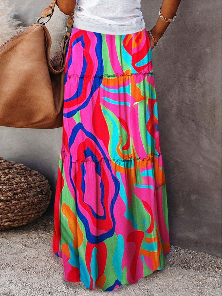 Women's Bohemian Skirts Vintage Elastic High Waist A-Line Skirts Tiered Long Skirts with Pockets