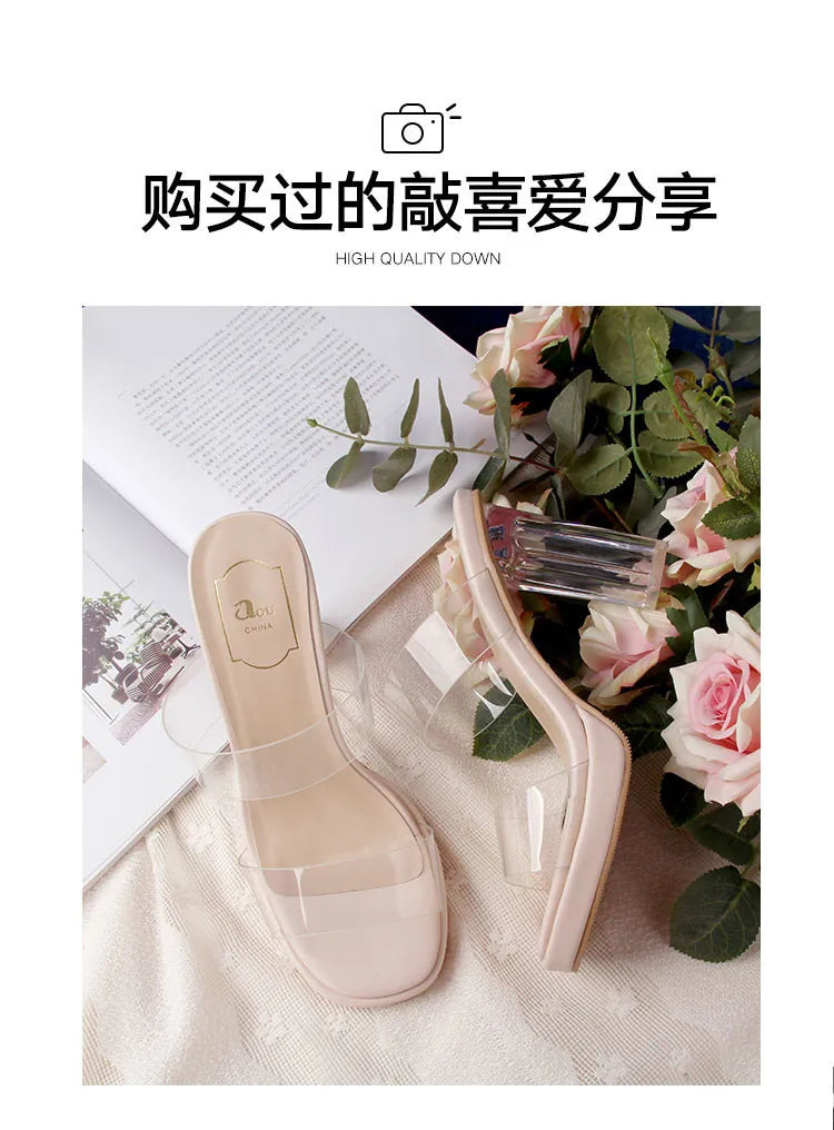 Women's High Heels, 2024 Summer New Waterproof Table with A Line Not Tired Feet Thick Crystal Slippers, Women's Shoes