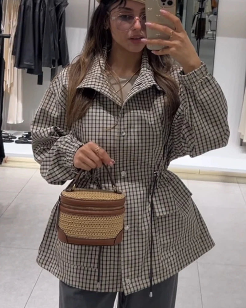 Women's Coat 2026 New Autumn Gray Plaid Long Sleeve Loose Drawstring Decorative Coat Casual Fashion Personal Ladies Outerwear