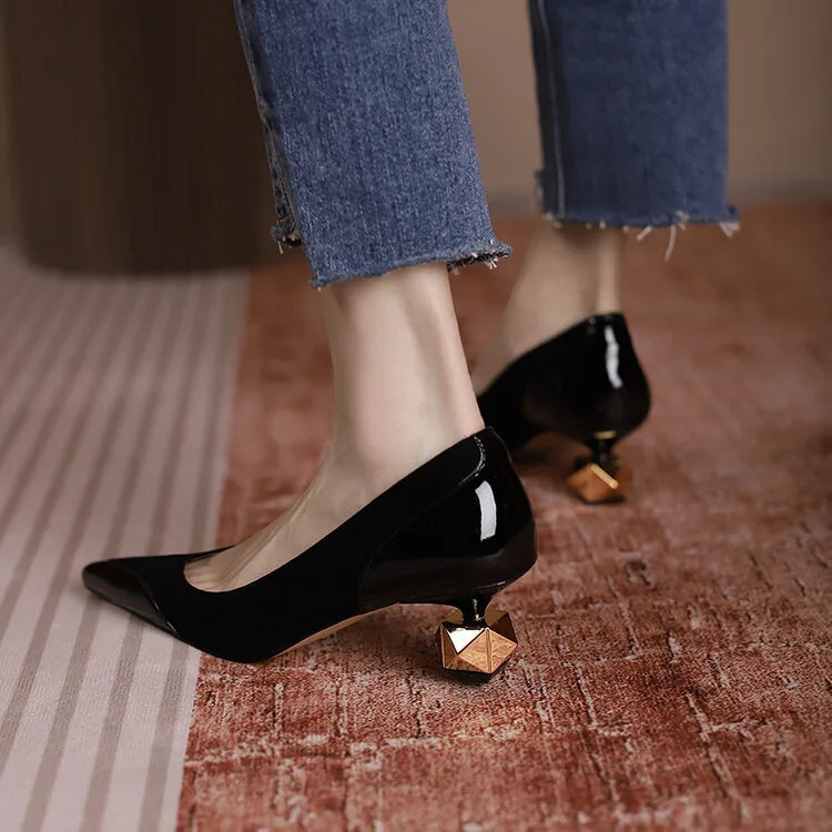 Middle Heel High Heels Women 2026 Spring Autumn Korean Fashion Splicing Pointed Shallow Shaped Heel Thick Pimps Shoes for Women