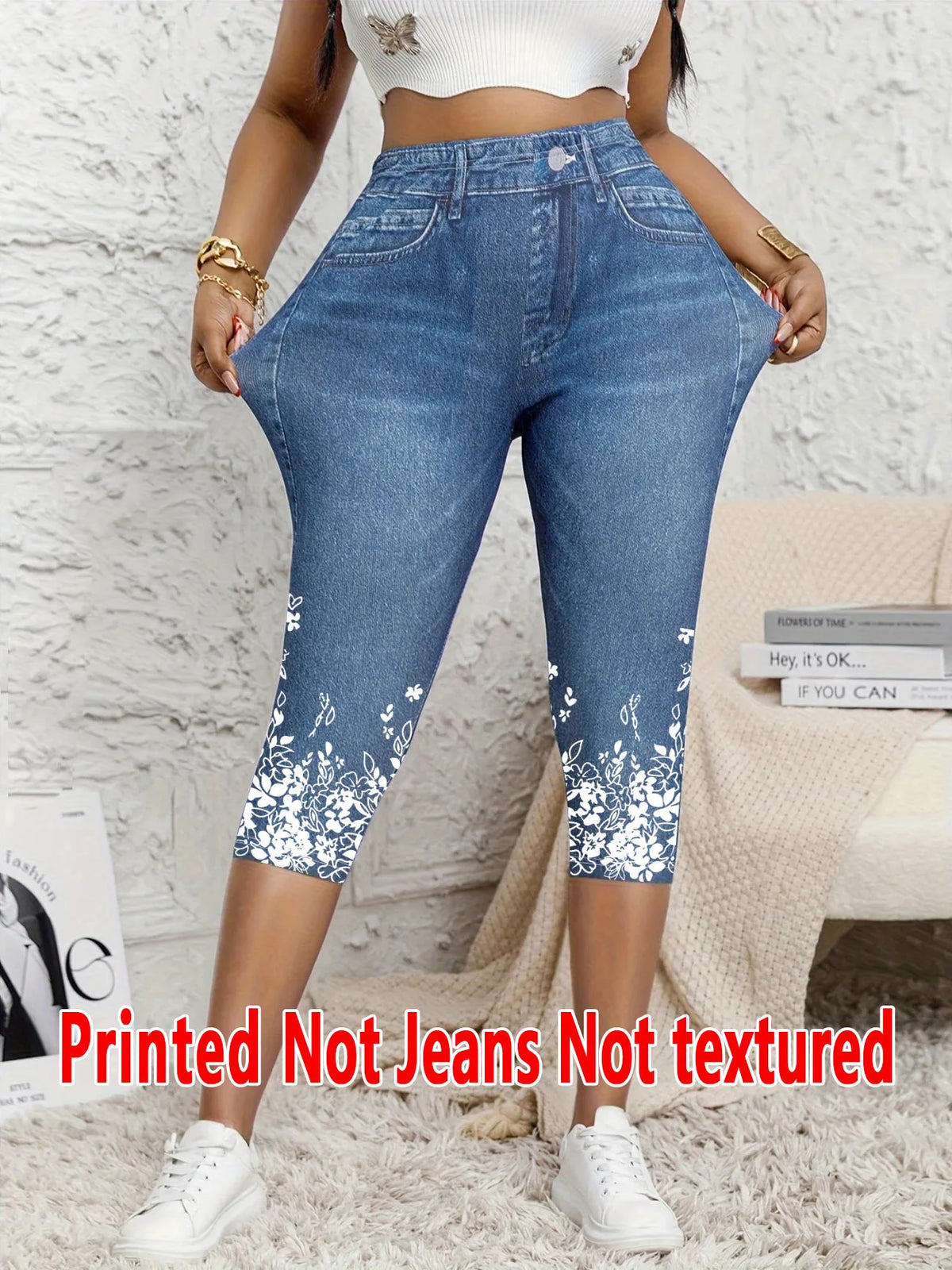 5898 [Printed Leggings - Not Denim Fabric]Ladies' Seven-Point Leggings with a Faux Denim Print, Form-Fitting Pants