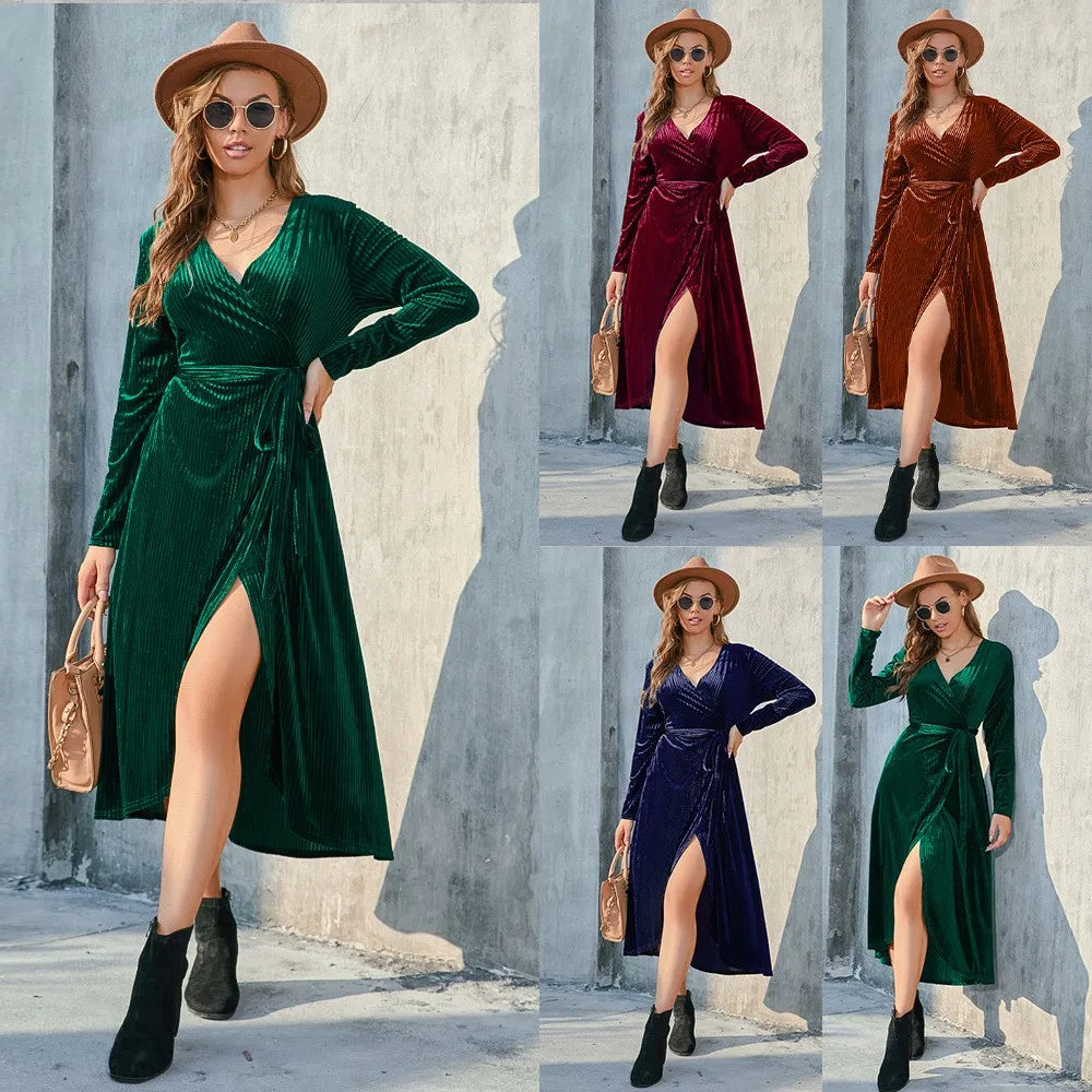 Women's Elegant A-Line Velvet Dress for Wedding Guest Prom Party Wedding Party, Long Sleeve Round Neck Belted Full Skirt