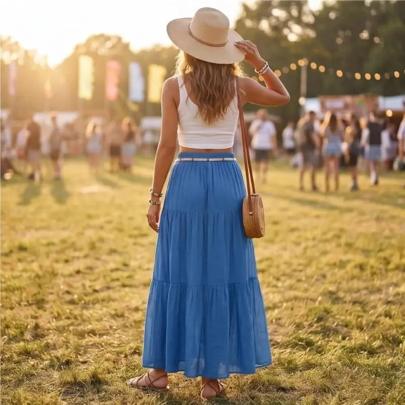 Skirts for Women Linen Maxi Skirt Pleated Long Flowy Elastic Skirt Tiered Beach A-Line Skirts 6XDA