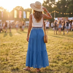 Skirts for Women Linen Maxi Skirt Pleated Long Flowy Elastic Skirt Tiered Beach A-Line Skirts 6XDA
