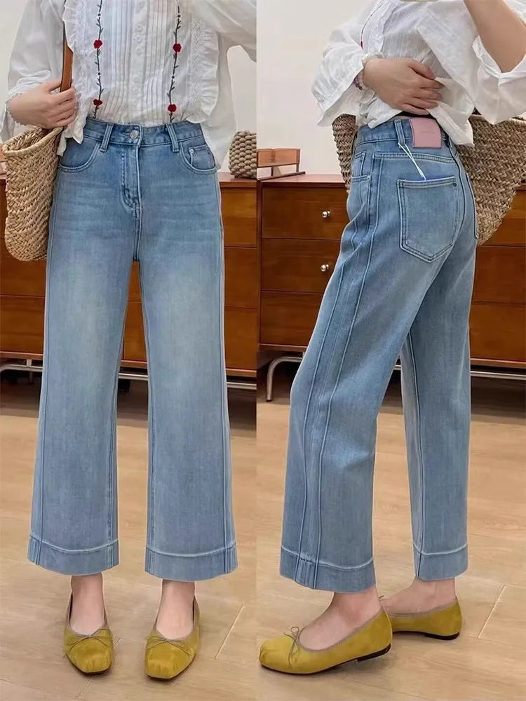 Women High Waist Wide Leg Pants Casual Loose Trousers Summer Solid Color Straight Fit Pocketed Ankle-Length Jeans