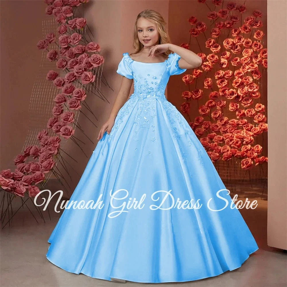 Elegant Flower Girl Dresses for Wedding Satin Beaded Floral Floor Length Girl Kids Birthday Party First Holy Communion Gown
